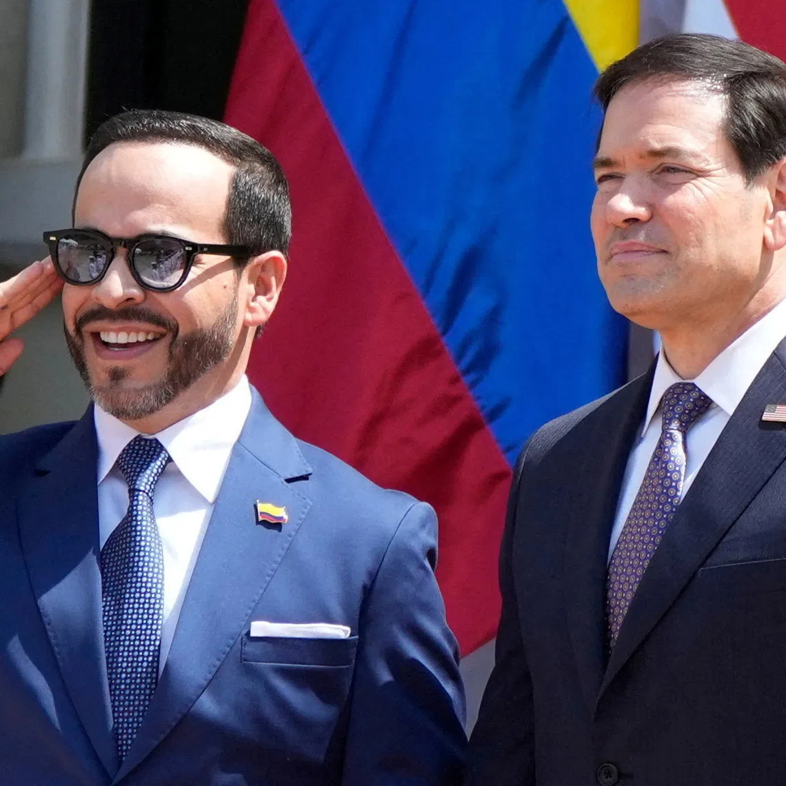 Colombian President Abelardo De La Espriella (left) with US Secretary of State Marco Rubio at the Batallon Paraiso military complex on Sept 8.