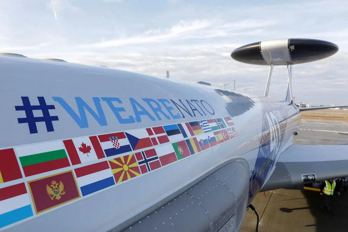 FILE PHOTO: A NATO AWACS surveillance plane is parked at the Romanian Air Force 90th Airlift Base, in Otopeni, Ilfov, Romania, January 17, 2023. Inquam Photos/George Calin via REUTERS/File photo