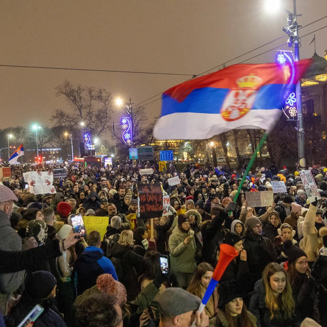 Students attend a protest against government policies, corruption and negligence, which they blame for the deaths of the victims in the November 2024 Novi Sad railway station disaster, in Belgrade, Serbia, January 17, 2025. REUTERS/Djordje Kojadinovic