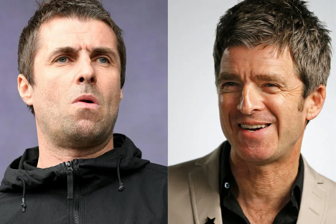 This combination of pictures created on Aug 27, 2024 shows British singer Liam Gallagher (left) performing during the 27th edition of the musical festival Les Vieilles Charrues in Carhaix-Plouguer, western France, on July 20, 2018; and Noel Gallagher posing for a photograph upon arrival for the 2018 Mercury Music prize awards ceremony in central London on Sept 20, 2018. 