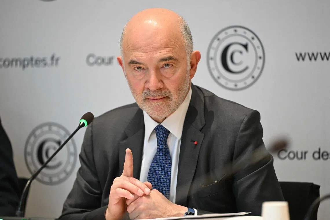 French Court of Accounts' president Pierre Moscovici addressing a press conference to present the court's financial report on France's 2023 Rugby World Cup at its headquarters in Paris on April 8, 2025.