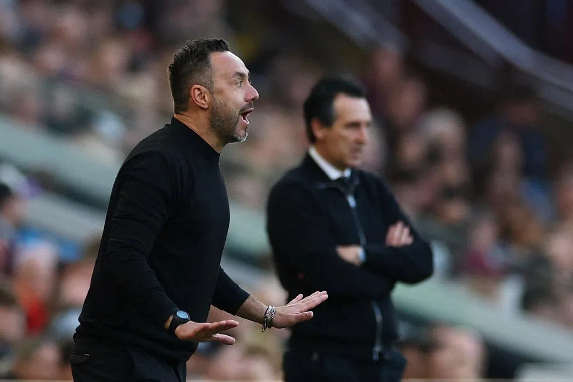 Soccer Football - Premier League - Aston Villa v Tottenham Hotspur - Villa Park, Birmingham, Britain - May 3, 2026 Tottenham Hotspur manager Roberto De Zerbi reacts as Aston Villa manager Unai Emery looks on Action Images via Reuters/Matthew Childs