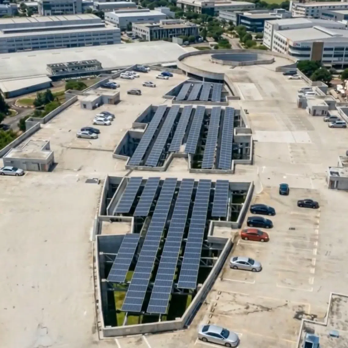 AI-generated rendering of solar panels hanging across industrial buildings at 15 Woodlands Loop.