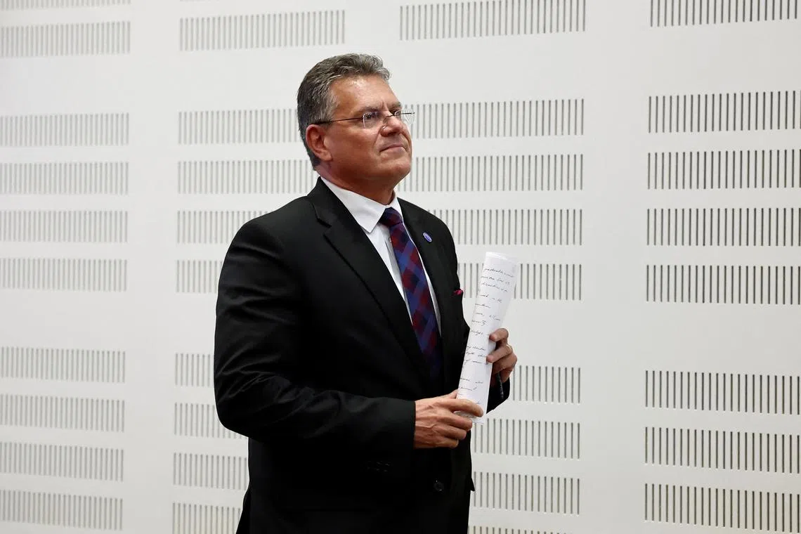 EU trade commissioner Maros Sefcovic leaves after a press briefing on the second day of the 2025 Ministerial Council Meeting at the OECD Headquarters in Paris, France, June 4, 2025. REUTERS/Benoit Tessier