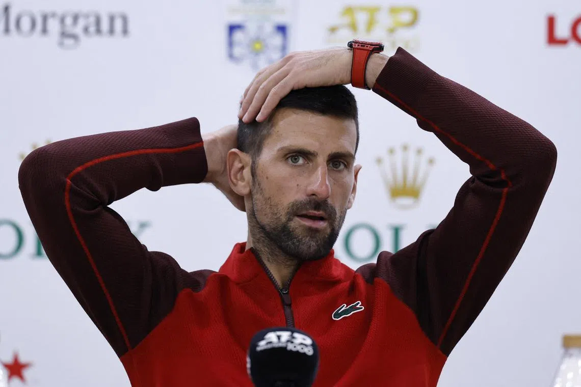 Tennis - Shanghai Masters - Qizhong Forest Sports City Arena, Shanghai, China - October 13, 2024 Serbia's Novak Djokovic during a press conference after losing his final match against Italy's Jannik Sinner REUTERS/Tingshu Wang