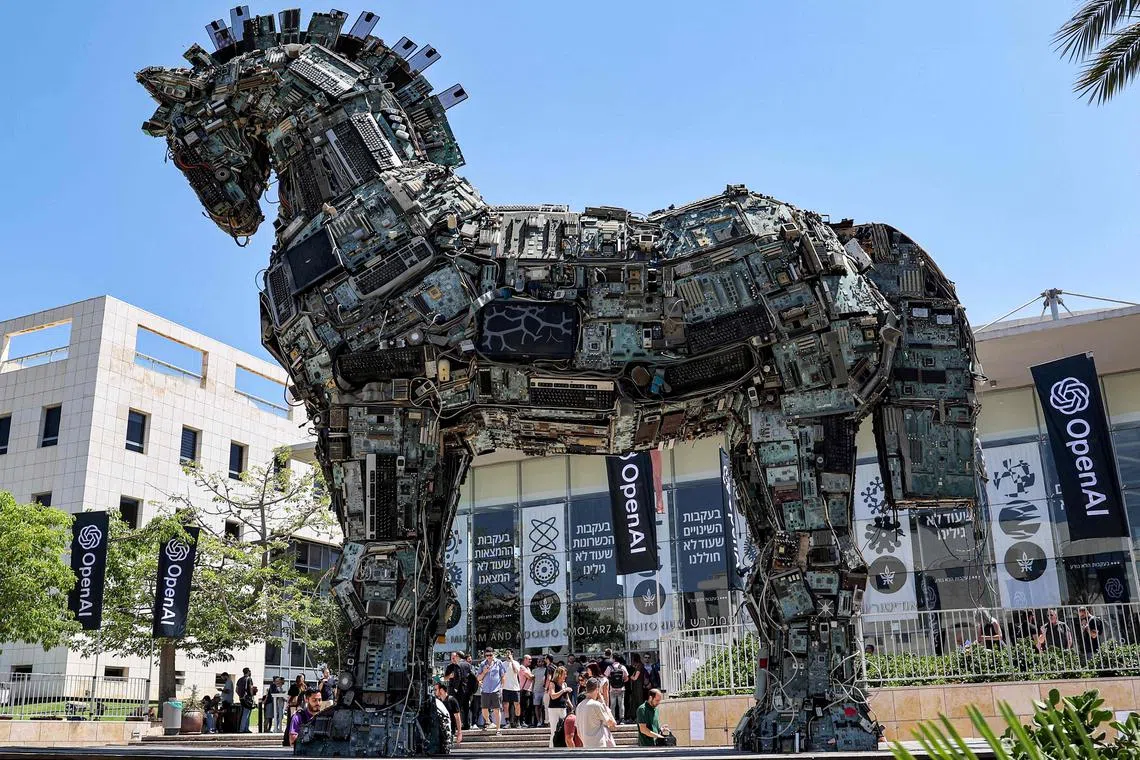 An installation of the legendary Trojan horse built entirely out of microelectronic circuit boards and other computer components, outside the Tel Aviv University campus in Israel.