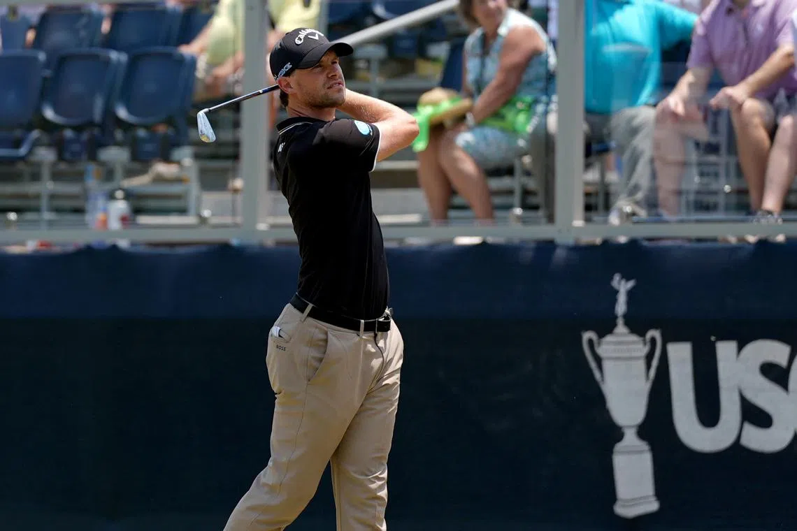Jun 14, 2024; Pinehurst, North Carolina, USA; Thomas Detry hits on the 6th hole during the second round of the U.S. Open golf tournament at Pinehurst No. 2. Mandatory Credit: Jim Dedmon-USA TODAY Sports