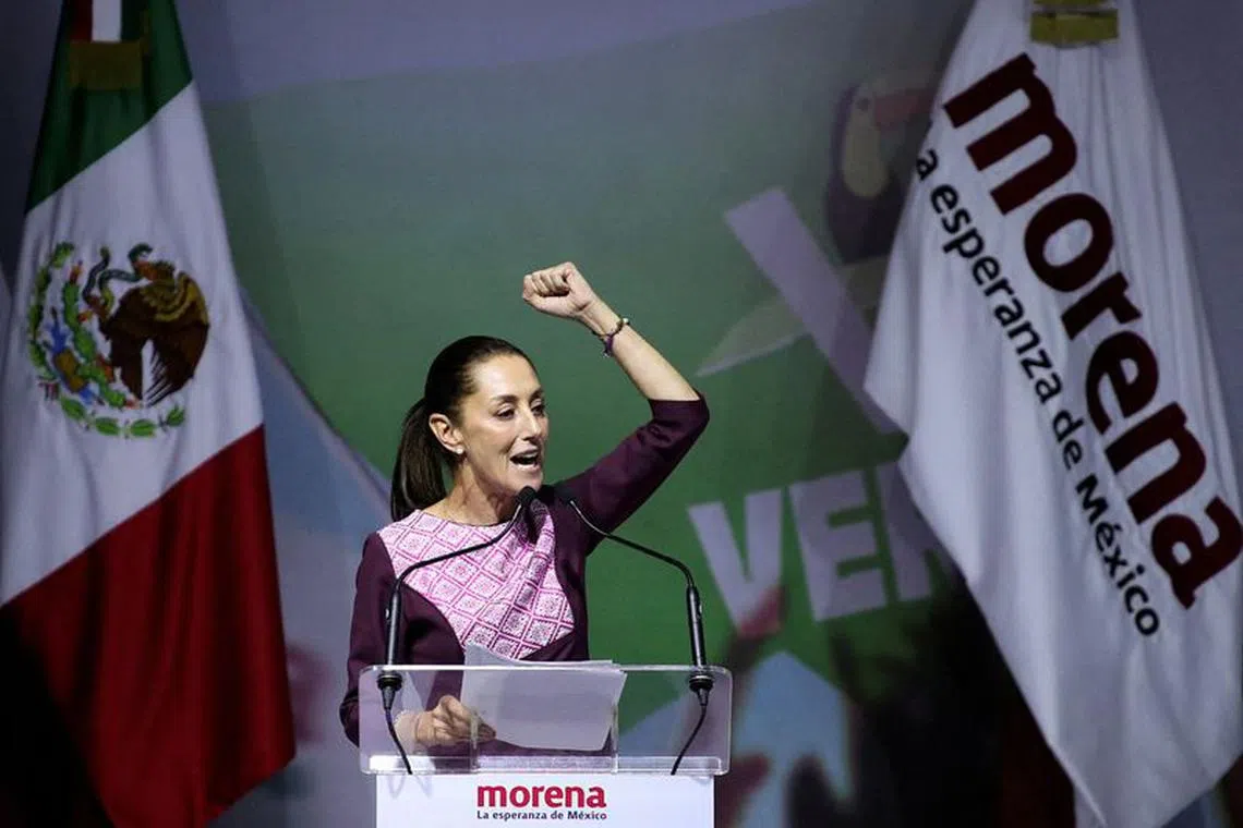 FILE PHOTO: Former Mexico City Mayor Claudia Sheinbaum gestures as she speaks on the day she is certified as presidential candidate for the ruling National Regeneration Movement (MORENA) party during a ceremony, in Mexico City, Mexico September 10, 2023. REUTERS/Henry Romero/File Photo