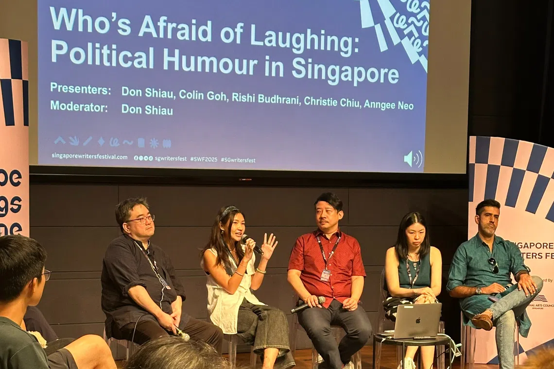 ST's Christie Chiu speaks at the panel with Colin Goh, Don Shiau, Anngee Neo and Rishi Budhrani.