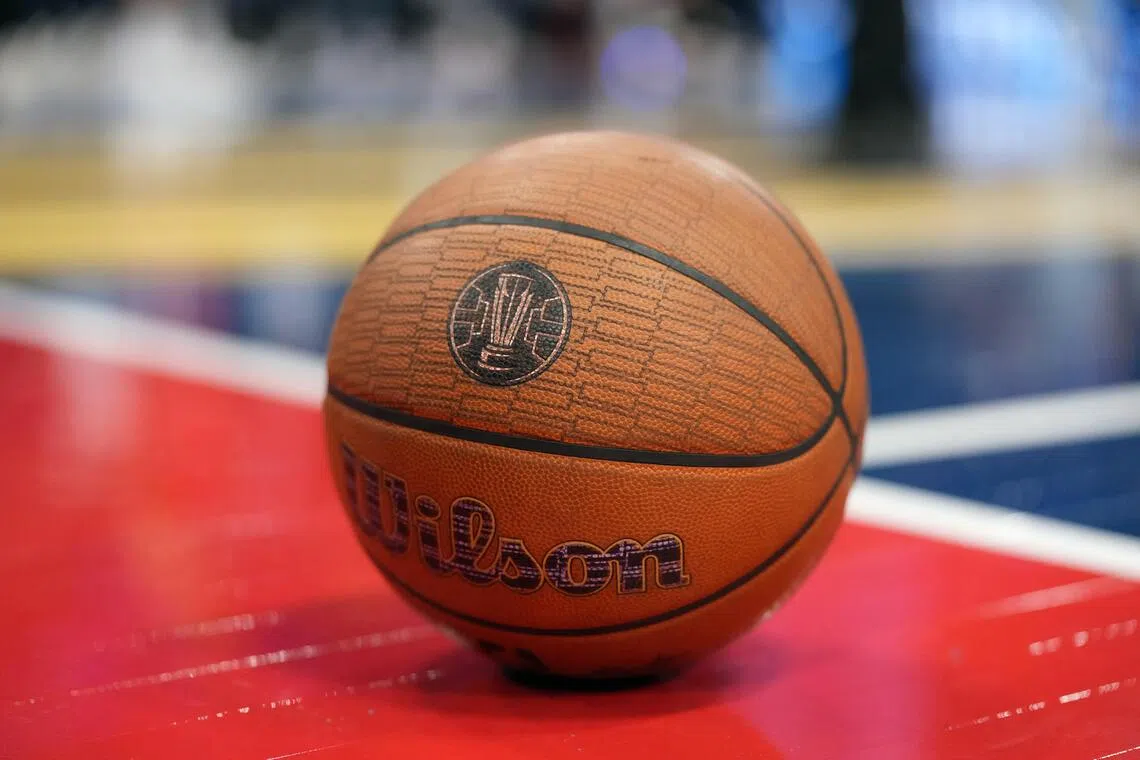 Oct 31, 2025; Inglewood, California, USA; A Wilson official game ball with the NBA in-season tournament logo at Intuit Dome. Mandatory Credit: Kirby Lee-Imagn Images