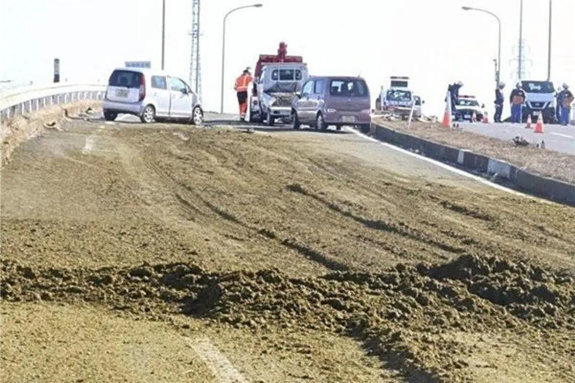 Tea leaves were scattered over a 500m stretch of a two-lane road in Sano, Tochigi prefecture.