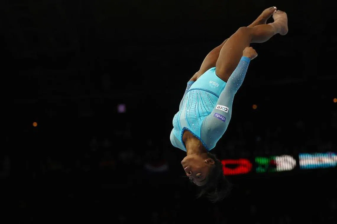 Gymnastics - 2023 World Artistic Gymnastics Championships - Sportpaleis, Antwerp, Belgium - October 1, 2023 Simone Biles of the U.S. in action during the women&#039;s qualification REUTERS/Yves Herman