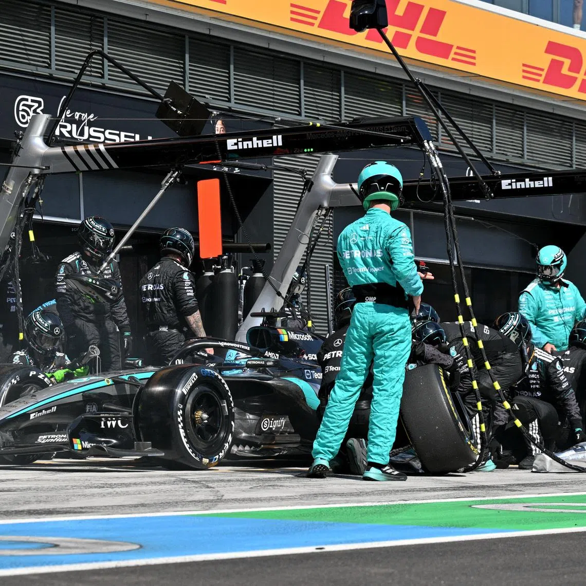 Formula One F1 - Hungarian Grand Prix - Hungaroring, Budapest, Hungary - July 26, 2026 Mercedes' George Russell pits during the race Pool via REUTERS/Andrej Isakovic