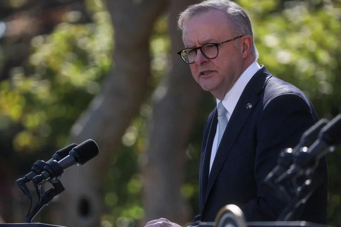 FILE PHOTO: Australia’s Prime Minister Anthony Albanese addresses a joint press conference with U.S. President Joe Biden in the Rose Garden at the White House in Washington, U.S., October 25, 2023. REUTERS/Leah Millis/File Photo
