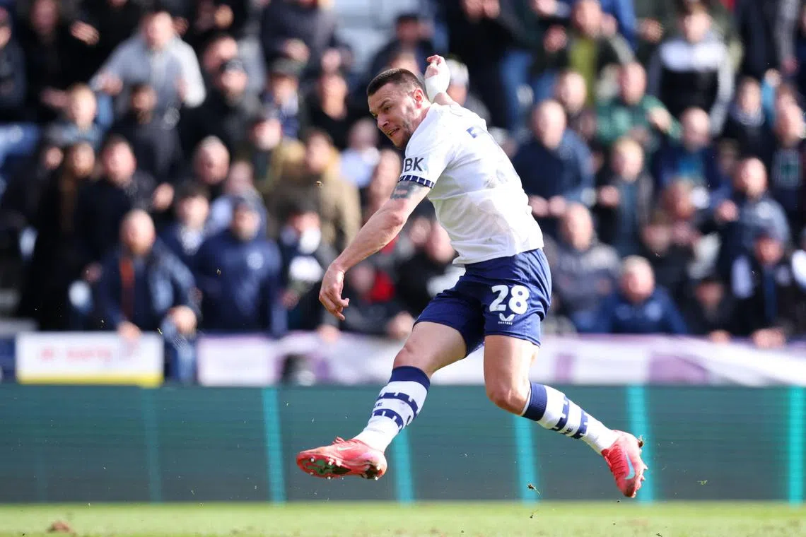 FILE PHOTO: Soccer Football - FA Cup - Fifth Round - Preston North End v Burnley - Deepdale, Preston, Britain - March 1, 2025 Preston North End's Milutin Osmajic scores their second goal Action Images/Ed Sykes/File Photo
