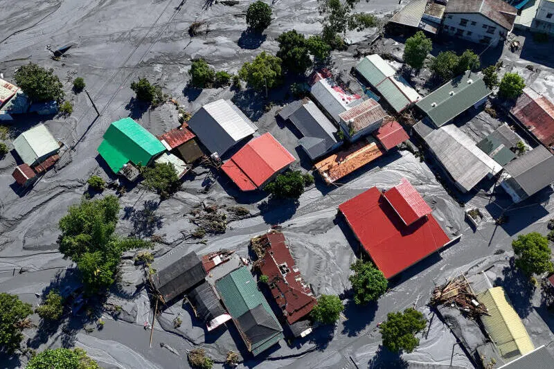 A town covered in mud in Hualien due to flooding, following Super Typhoon Ragasa, Taiwan, on Sept 25, 2025.