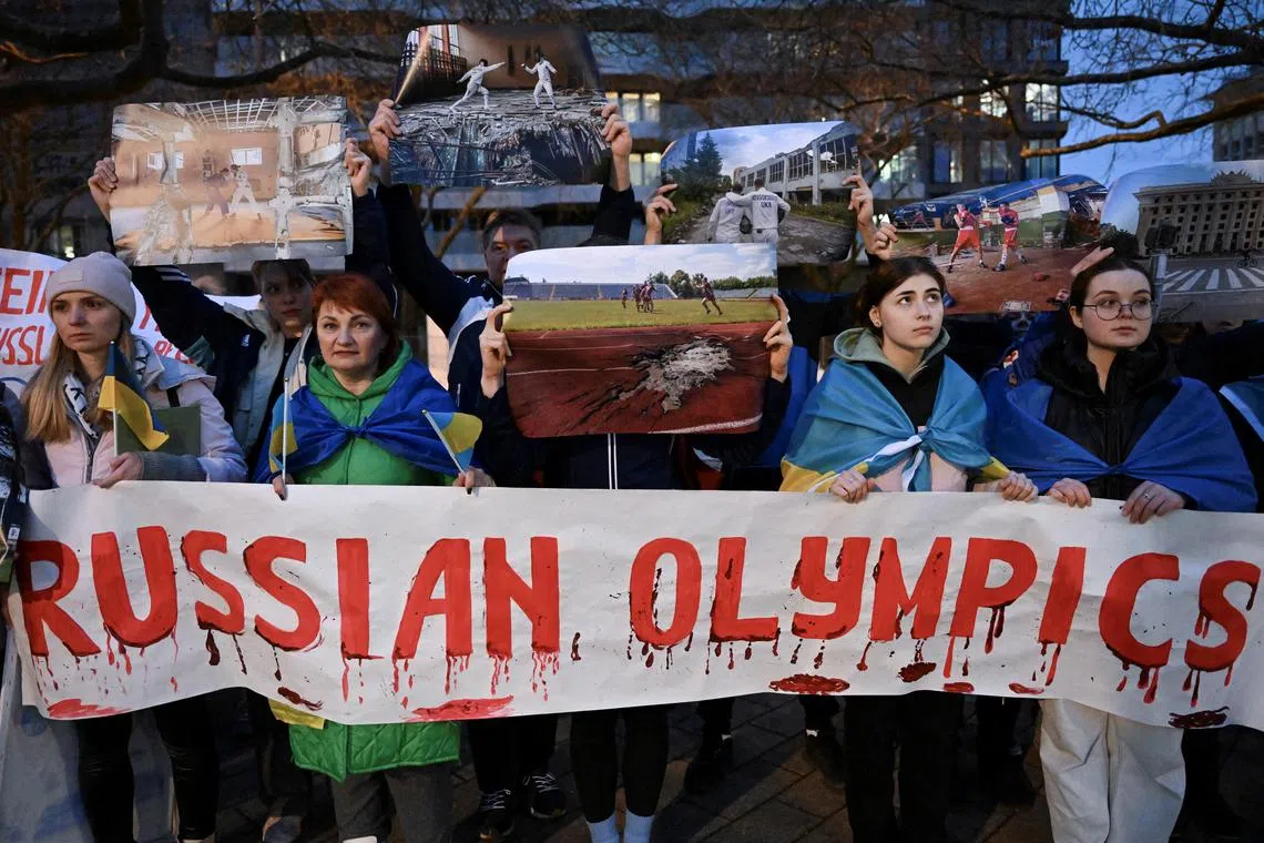 Ukrainian refugees protest in Germany against any participation of Russian and Belarusian athletes at the Paris 2024 Olympic Games.