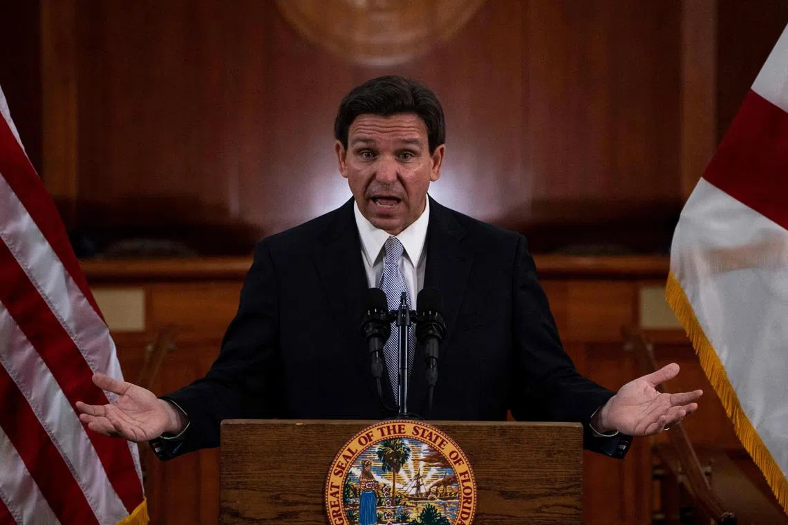 Florida Governor Ron DeSantis answers questions from the media, following his "State of the State" address in Tallahassee, on March 7, 2023.