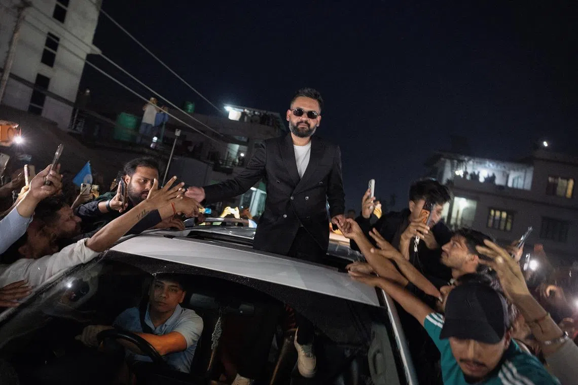 Balendra Shah, a rapper-turned-politician and the prime ministerial candidate for RSP, celebrates with his supporters after winning the election, in Damak, Jhapa district, Nepal, March 7, 2026. REUTERS/Adnan Abidi