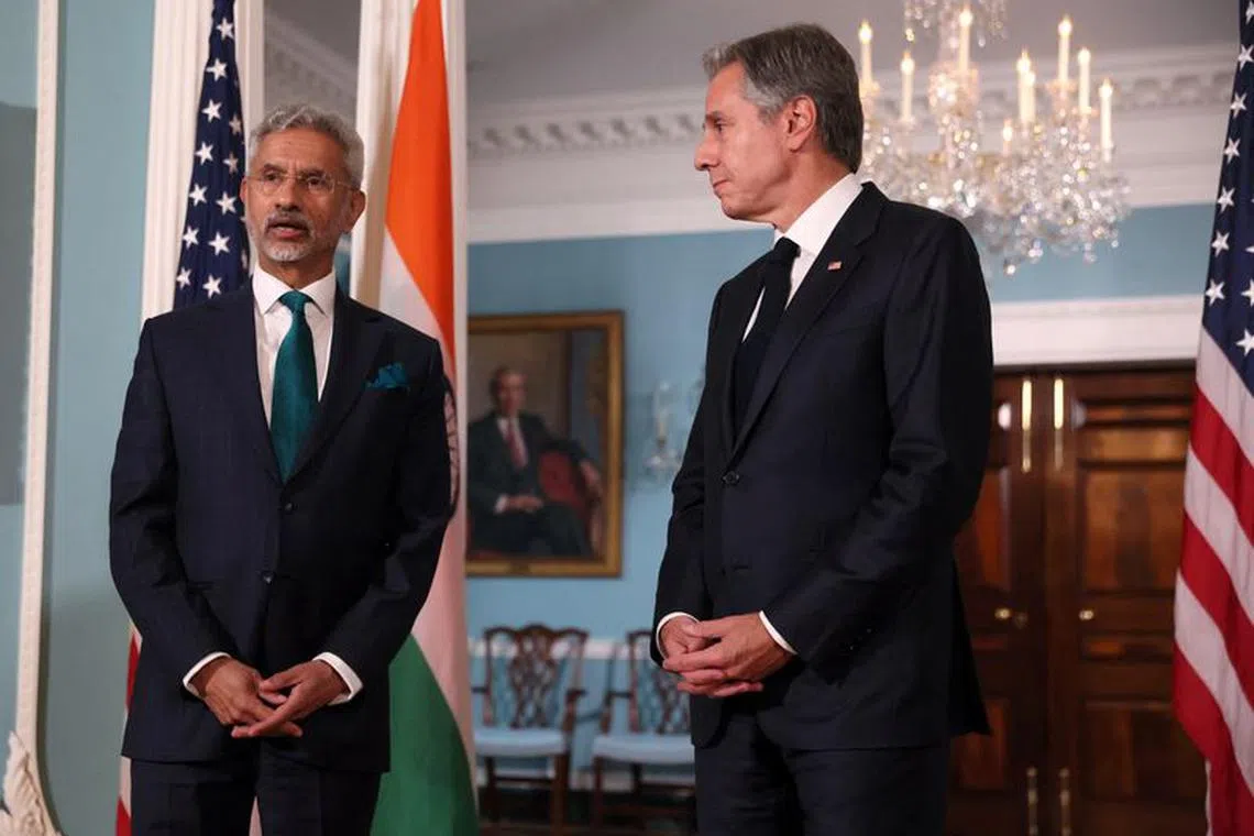 U.S. Secretary of State Antony Blinken and India's External Affairs Minister Subrahmanyam Jaishankar say a few words to the media as they meet at the State Department in Washington, U.S., September 28, 2023. REUTERS/Leah Millis