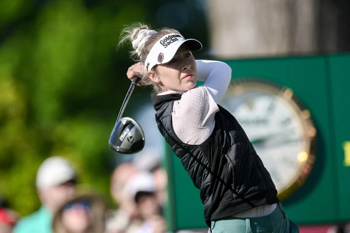FILE PHOTO: May 30, 2024; Lancaster, Pennsylvania, USA; Nelly Korda (USA) hits a tee shot on the 10th hole during the first round of the U.S. Women's Open golf tournament. Mandatory Credit: John Jones-USA TODAY Sports/File Photo