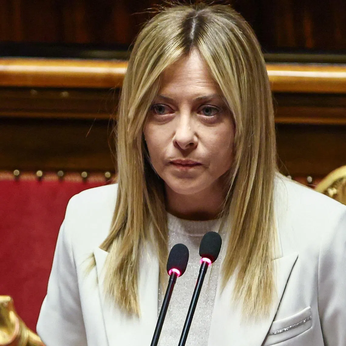 Italy's Prime Minister Giorgia Meloni speaks during a session at Italy's Senate in Rome, Italy, March 11, 2026. REUTERS/Matteo Minnella