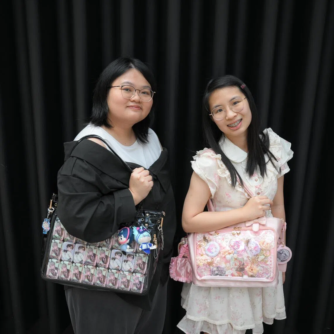 Polytechnic students Phoebe Ang (right), 18, polytechnic student, and Aryaan Yew, 22, with their Ita-bags on Feb 1, 2025.