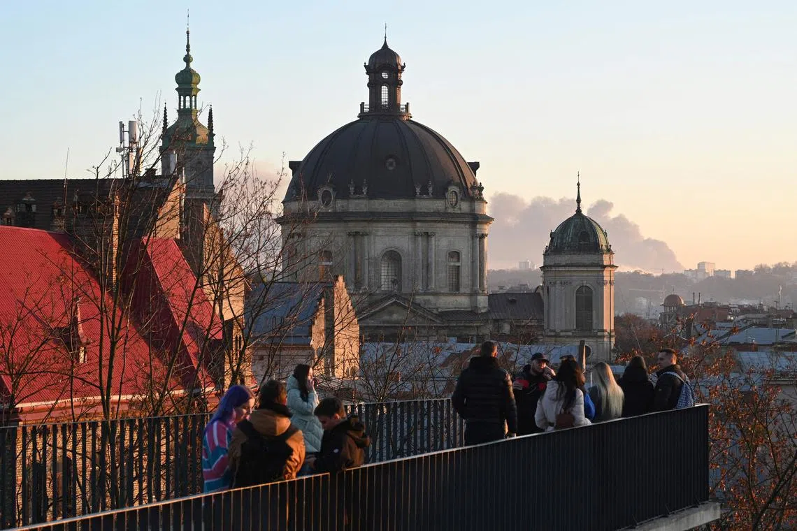 Smoke rises on the horizon after Russian strikes in the western Ukrainian city of Lviv, in November 2022.