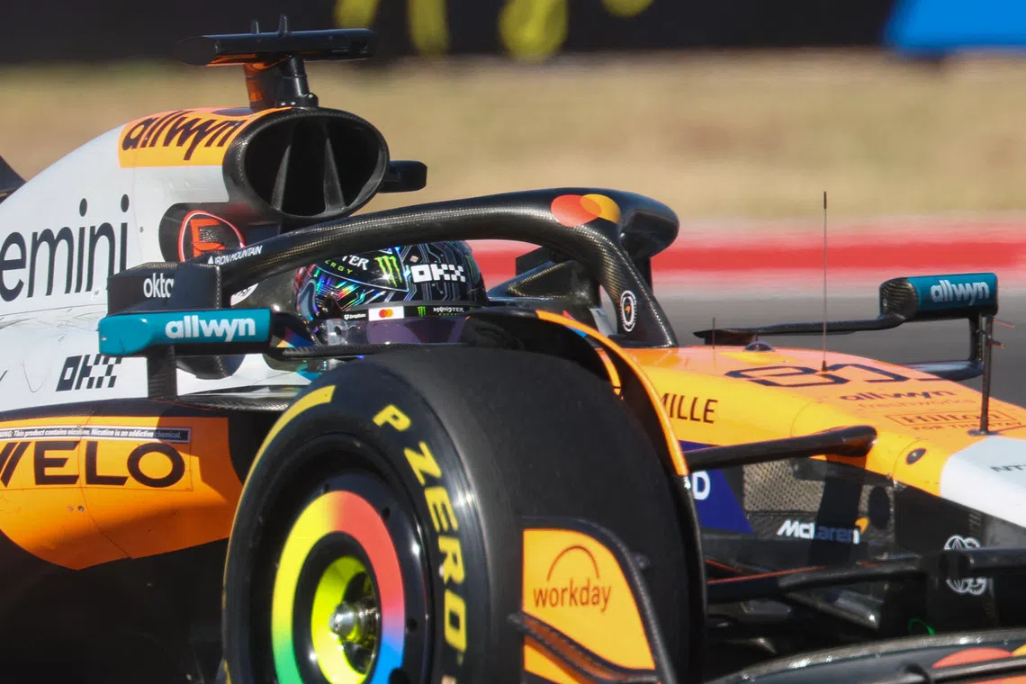 Oct 19, 2025; Austin, TX, USA; McLaren Formula 1 Team driver Oscar Piastri (81) of Team Australia out of turn 20 at Circuit of The Americas Austin. Mandatory Credit: Thomas Shea-Imagn Images
