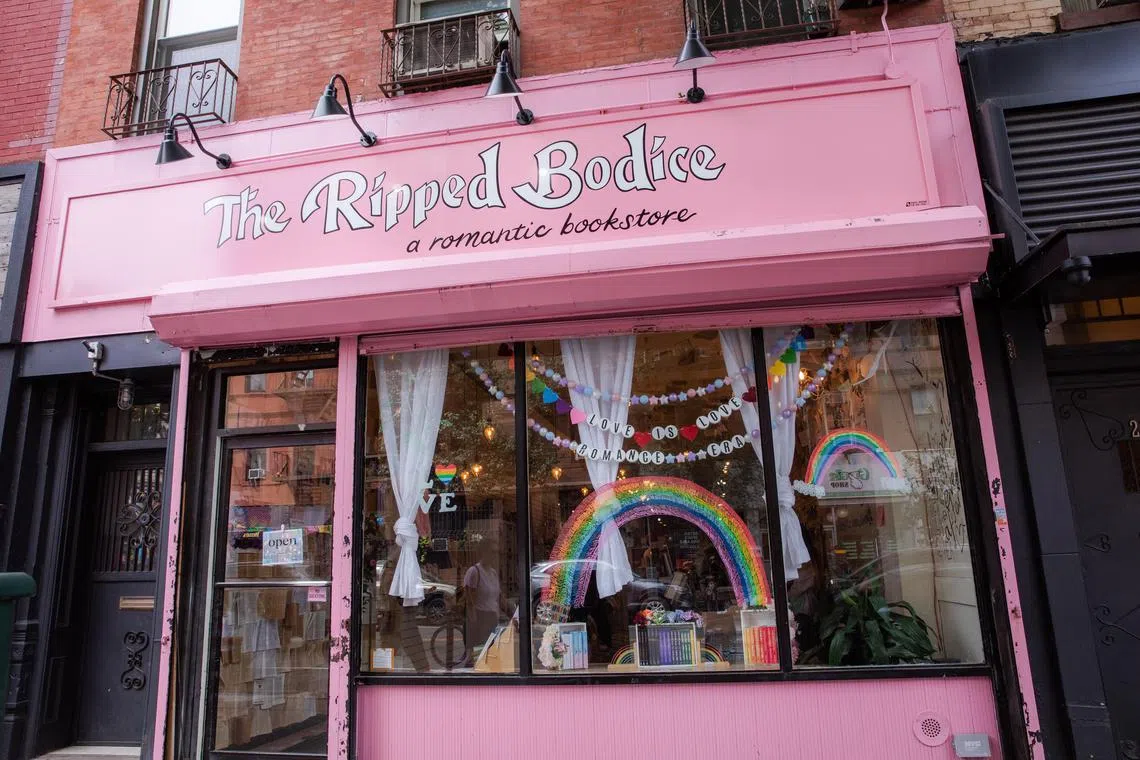 **EMBARGO: No electronic distribution, Web posting or street sales before Sunday at 3 a.m. ET on July 7, 2024. No exceptions for any reasons. EMBARGO set by source.** The Ripped Bodice, a romance bookstore in the Park Slope neighborhood of Brooklyn, June 29, 2024. Bookstores once shunted romance novels to a shelf in the back. But with romance writers dominating the best-seller lists, a network of dedicated bookstores has sprung up around the country. (Natalie Keyssar/The New York Times)