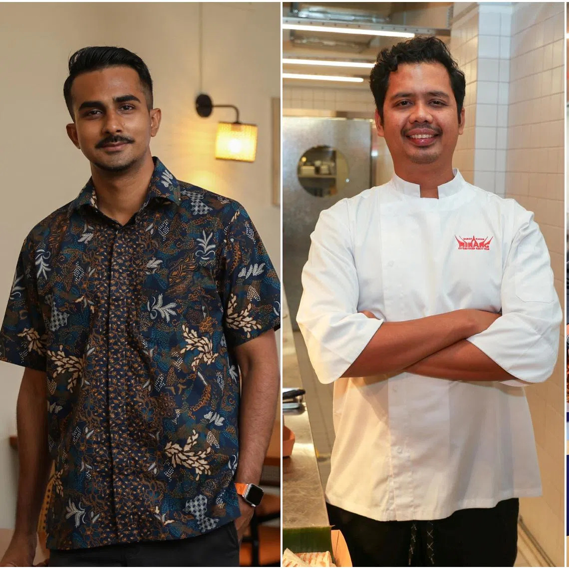 (From left) Asyraf Rasheed, co-owner of Sederhana Singapore., Director and executive chef Mohamad Ariff Mohamad Zin at Kios Minang, Director and co-founder of Kulon, Haris Ahmad at Kulon's new outlet at New Bahru.