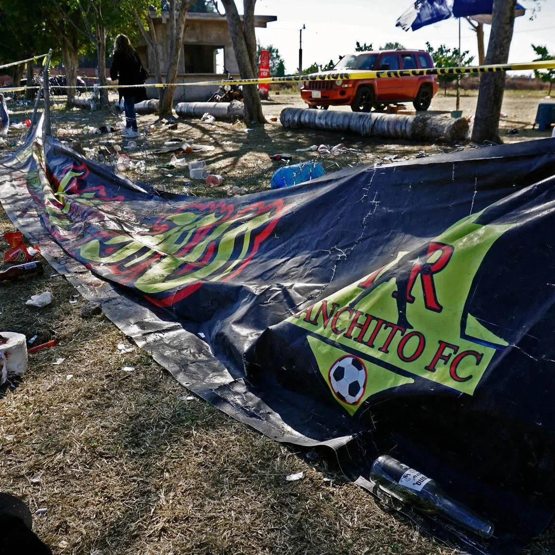 View of damages at the football field in Salamanca, Guanajuato state, on Jan 26, 2026, where at least 11 people were killed and 12 more wounded during an attack on the eve.