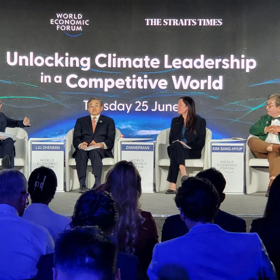 (From left) ST editor Jaime Ho moderating a panel discussion with Mr Liu Zhenmin, Beijing’s Special Envoy for Climate Change, Professor Julie Zimmerman, Vice-Provost, Planetary Solutions, at Yale University and Professor Kim Sang-Hyup, co-chairperson of South Korea’s Presidential Commission on Carbon Neutrality and Green Growth.