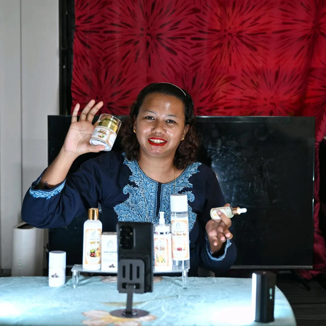 Ms Natalia Rajahmany, 34, live-streams full-time to sell her Ela Beauty products.