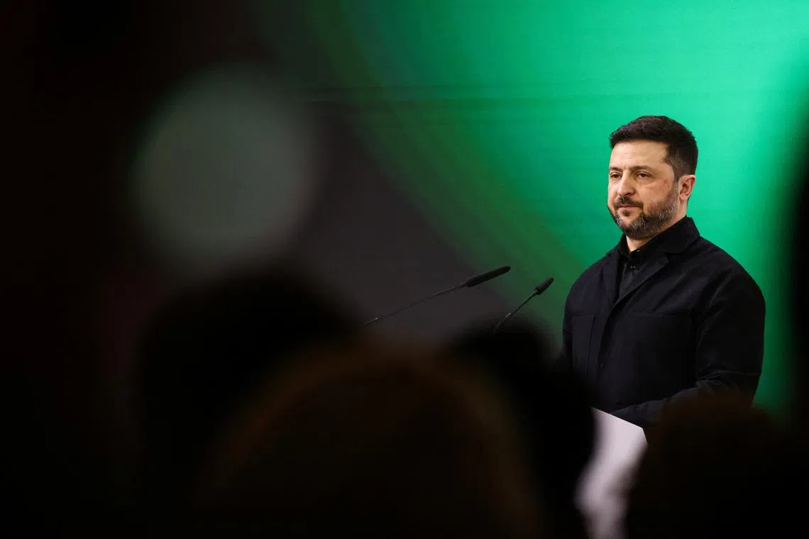 Ukrainian President Volodymyr Zelenskiy speaks during the Munich Security Conference (MSC) in Munich, Germany, February 14, 2026. REUTERS/Liesa Johannssen