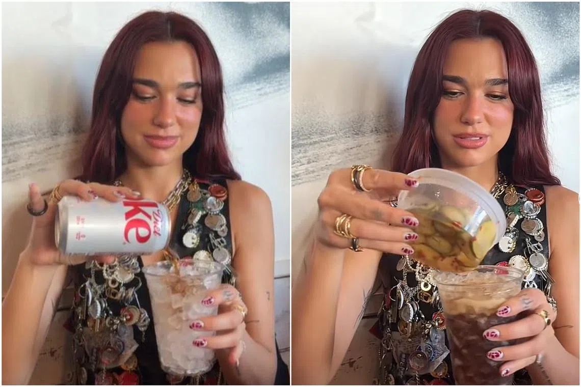 Pop star Dua Lipa showed off a concoction of Diet Coke mixed with pickle juice, jalapeno sauce, jalapenos and pickles.