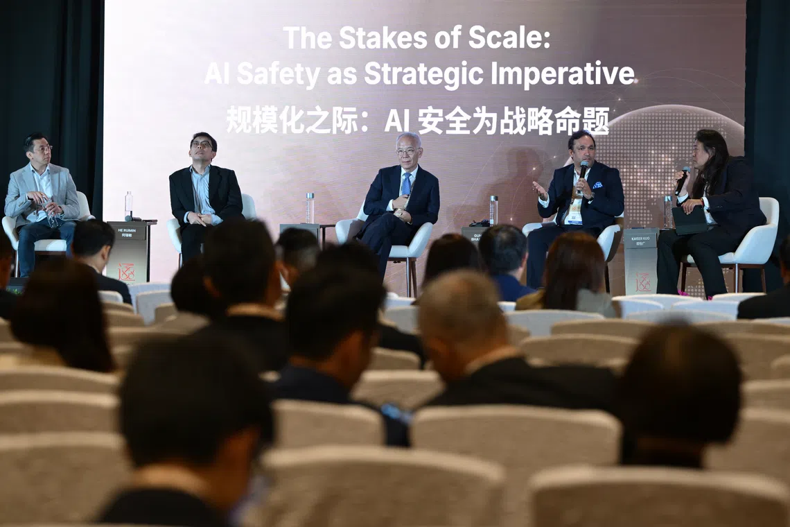 (From left) Lim Boon Khee, CIO Singapore, Head of IWPB Technology, Asia & Middle East, HSBC; He Ruimin, Singapore Government Chief AI Officer, Ministry of Digital Development and Information; Zhang Hongjiang, Distinguished Visiting Professor, Tsinghua University; Gunjan Bhardwaj, Founder & CEO, Partex AI and moderator, and Kaiser Kuo Co-Founder & Host, Sinica Podcast, at the panel discussion on Sept 24.