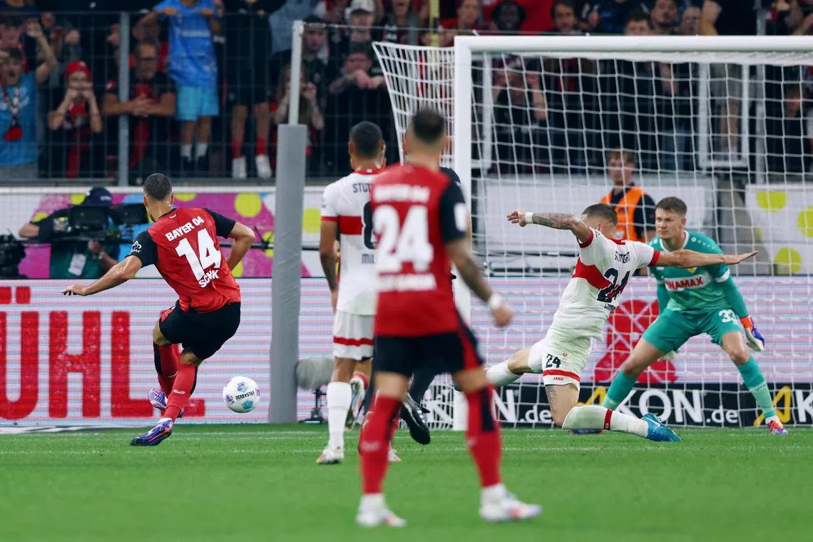 Soccer Football - DFL Supercup - Bayer Leverkusen v VfB Stuttgart - BayArena, Leverkusen, Germany - August 17, 2024  Bayer Leverkusen's Patrik Schick scores their second goal REUTERS/Thilo Schmuelgen
