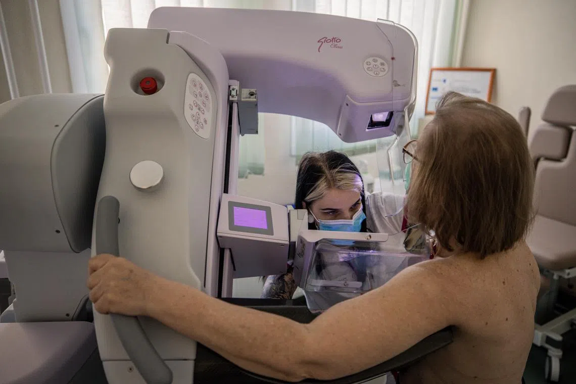 A patient gets a mammogram at Bacs-Kiskun County Hospital in Hungary on Feb 20, 2023. 