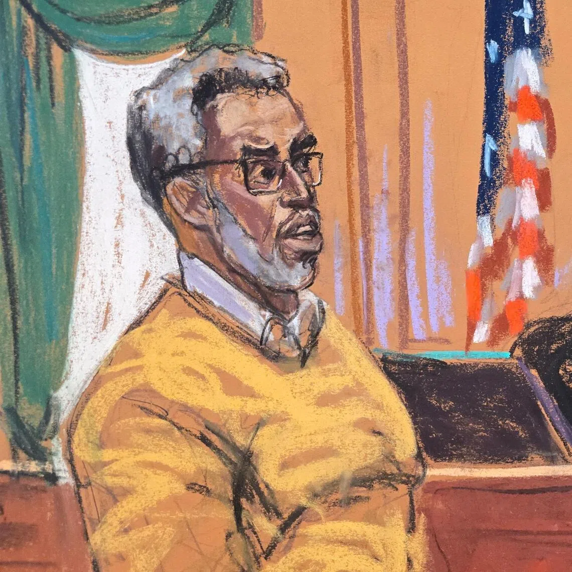 In this courtroom sketch, Sean 'Diddy' Combs gives a statement as Judge Arun Subramanian listens during Combs' sentencing hearing in New York City, on Oct 3.