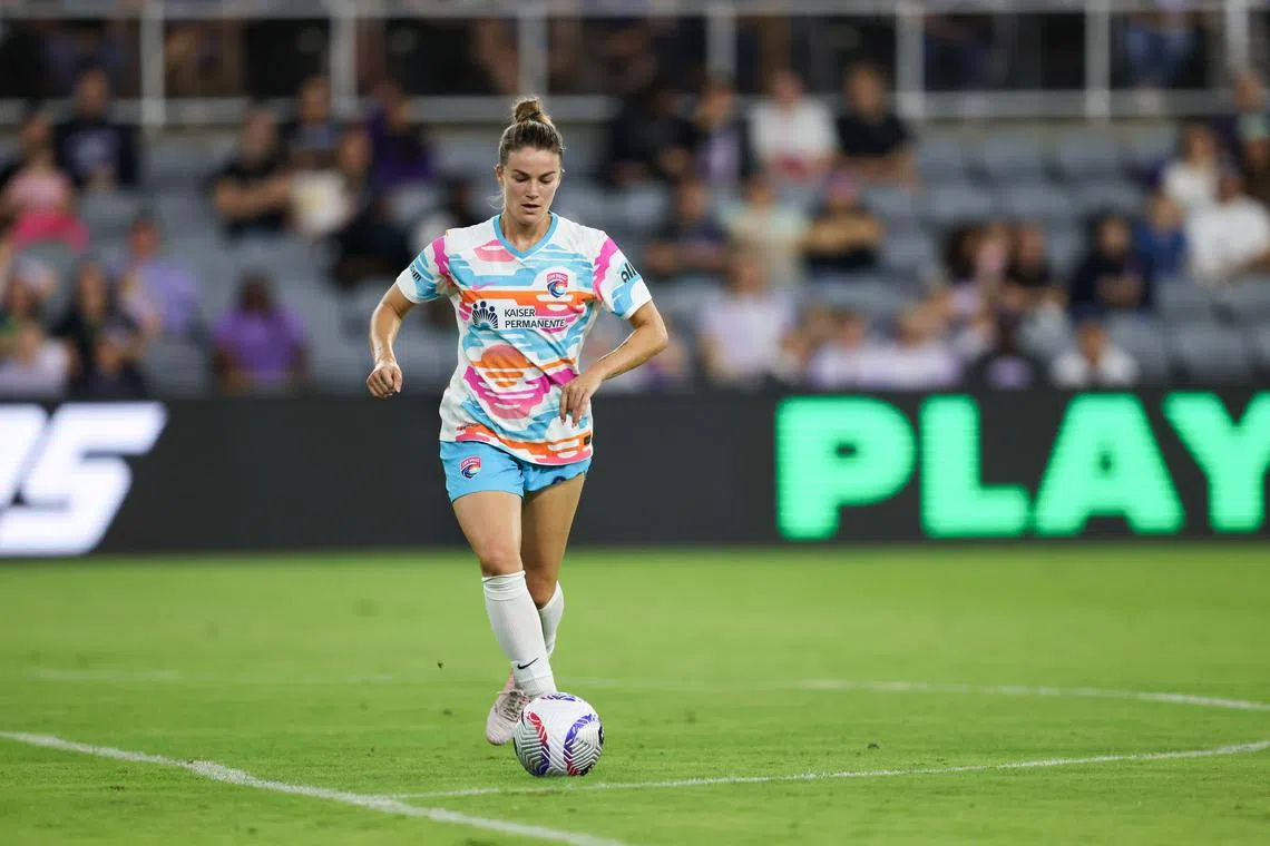 Nov 3, 2024; Louisville, Kentucky, USA;  San Diego Wave FC defender Christen Westphal (20) dribbles the ball during the first half against Racing Louisville FC at Lynn Family Stadium. EM Dash-Imagn Images/File Photo
