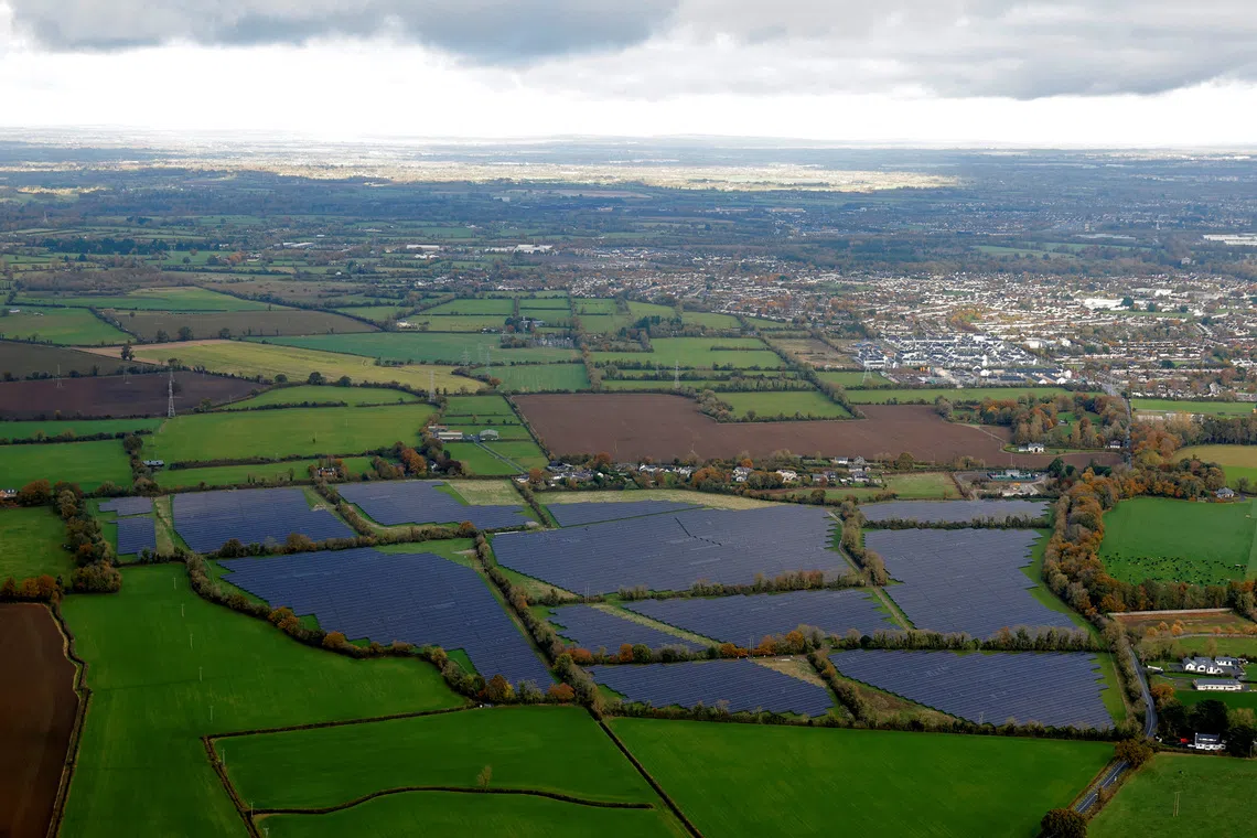 Solar panels on a farm, in Kilcock, Ireland. Around 40 per cent of Ireland’s total greenhouse gas emissions come from agriculture.