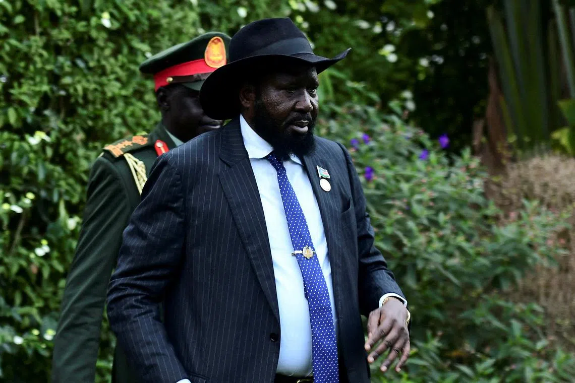 FILE PHOTO: South Sudan's President Salva Kiir Mayardit arrives for the Intergovernmental Authority on Development (IGAD) 42nd Extraordinary Session, at the State House in Entebbe, Uganda January 18, 2024. REUTERS/Abubaker Lubowa/File Photo