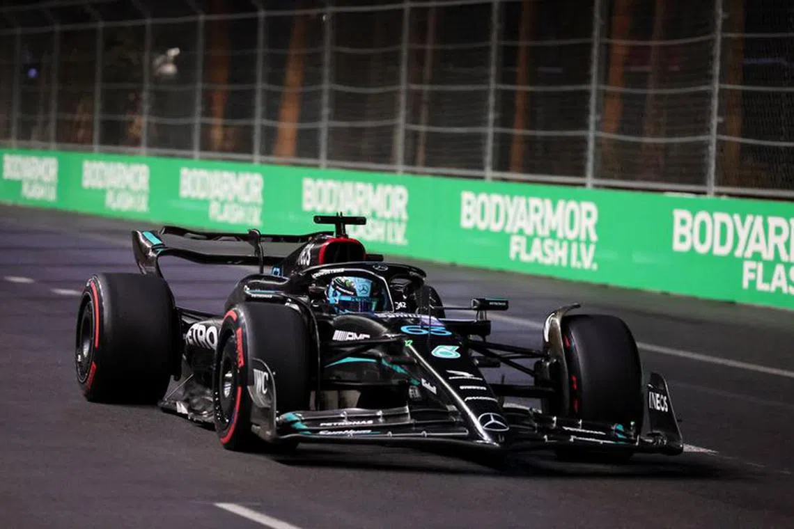 Formula One F1 - Las Vegas Grand Prix - Las Vegas Strip Circuit, Las Vegas, Nevada, U.S - November 17, 2023 Mercedes' George Russell in action during practice REUTERS/Finn Blake