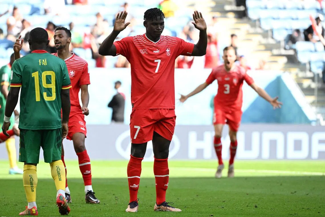 Switzerland's Breel Embolo reacts after scoring in the 1-0 World Cup win over Cameroon on Nov 24, 2022.