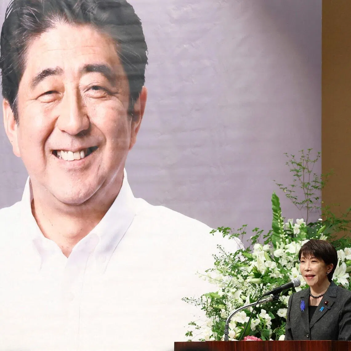 Japan’s Prime Minister Sanae Takaichi speaking at a memorial service for her mentor Shinzo Abe, four years after his murder, in Tokyo on July 11.