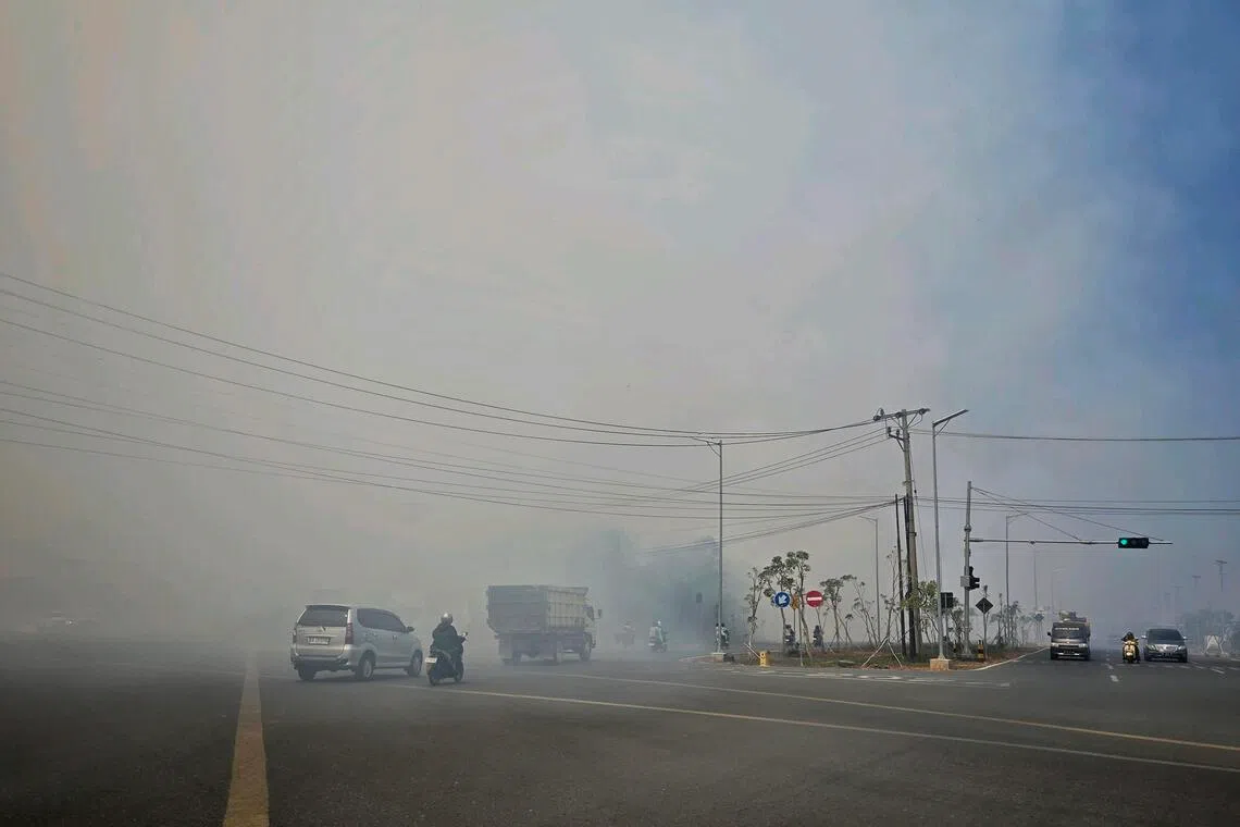 Thick smoke due to nearby fires near Syamsudin Noor International Airport in Banjarbaru, South Kalimantan, Indonesia on Sep 14, 2026.