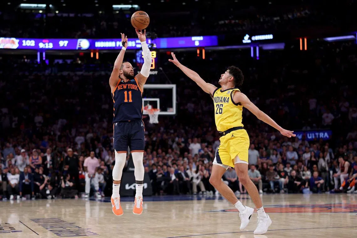 Jalen Brunson of the New York Knicks shoots the ball against Ben Sheppard of the Indiana Pacers during the fourth quarter in Game 2 of the NBA Eastern Conference semi-finals.