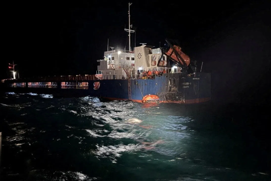 A view shows a vessel that was hit by a drone in the Black Sea, in this handout image released by the Bulgarian Interior Ministry on October 13, 2026. Bulgarian Interior Ministry/Handout via REUTERS ATTENTION EDITORS - THIS IMAGE HAS BEEN SUPPLIED BY A THIRD PARTY.     TPX IMAGES OF THE DAY