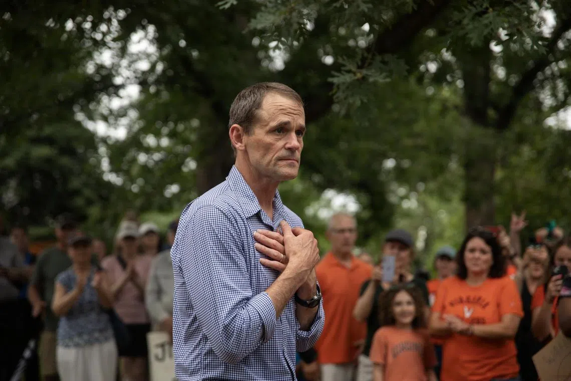 James Ryan speaks to supporters outside his home, after resigning under duress as president of the University of Virginia, in Charlottesville on Friday, June 27, 2025. The Trump administration Justice Department had demanded that Ryan step down in order to help resolve a civil rights investigation into the school. (Kirsten Luce/The New York Times)